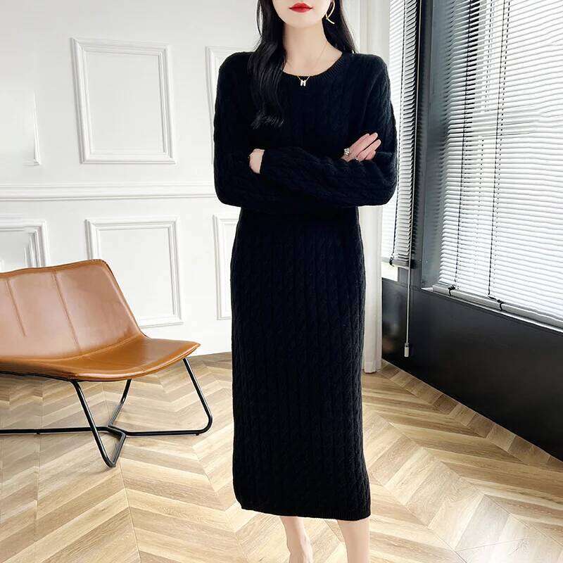 Autumn And Winter New 100% Wool Dress Women's Round Neck Long Twist Loose Knee Cashmere Skirt XJ260131