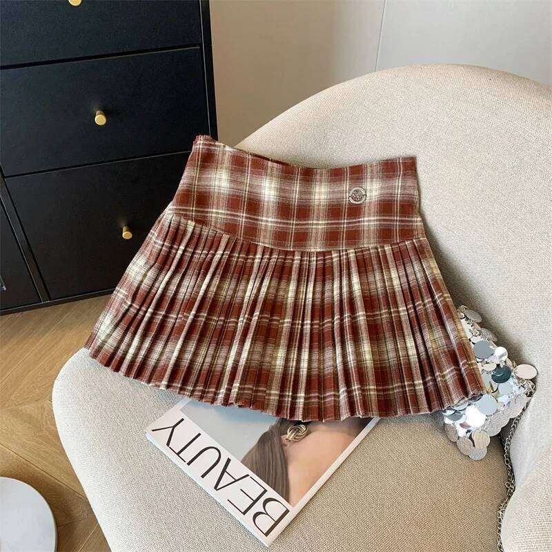 Vintage Brown Plaid Preppy Style Spring Summer Women A-line Short Pleated Y2k Red Patchwork High Waist Mini Skirt Harajuku XJ260131