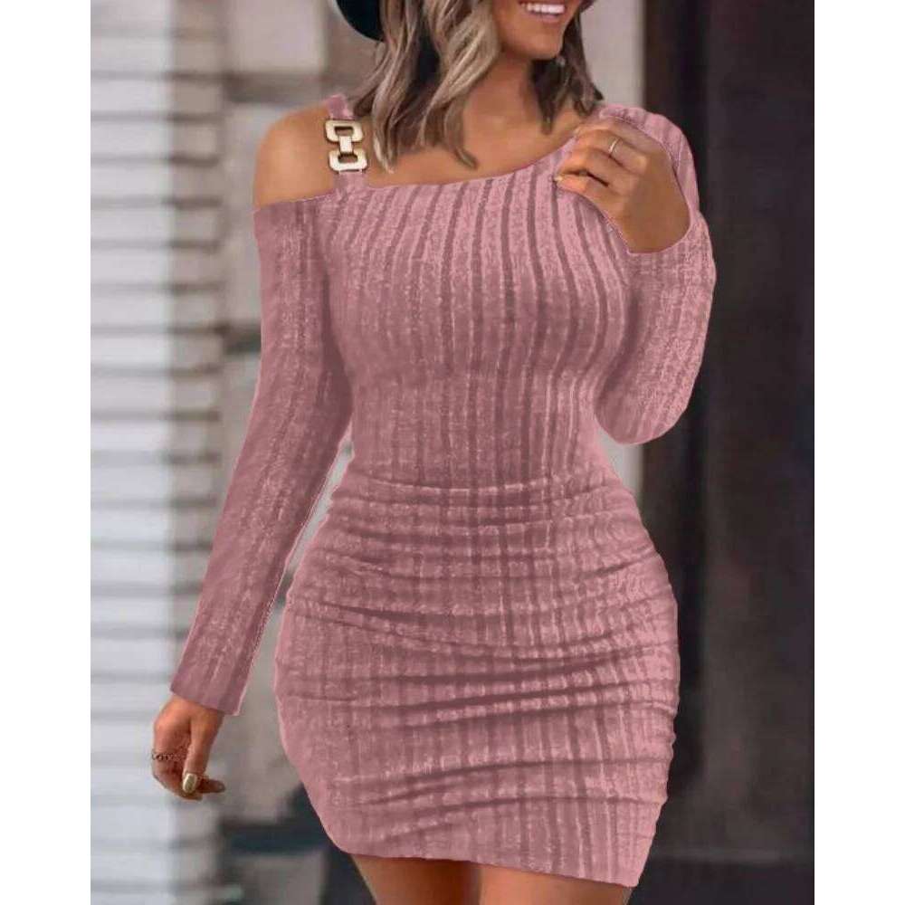 Sexy Chain Off Shoulder Mini Dress Autumn Fashion Bodycon Long Sleeve Dresses For Women Winter Skinny Knitted Vestidaos XJ260131