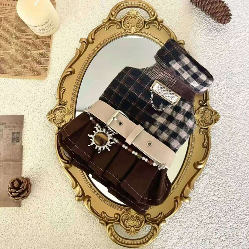 Egyptian Latin Style Pet Tank Dress For Autumn In Brown Check Pattern Featuring Small Dog Vest Skirt H260130
