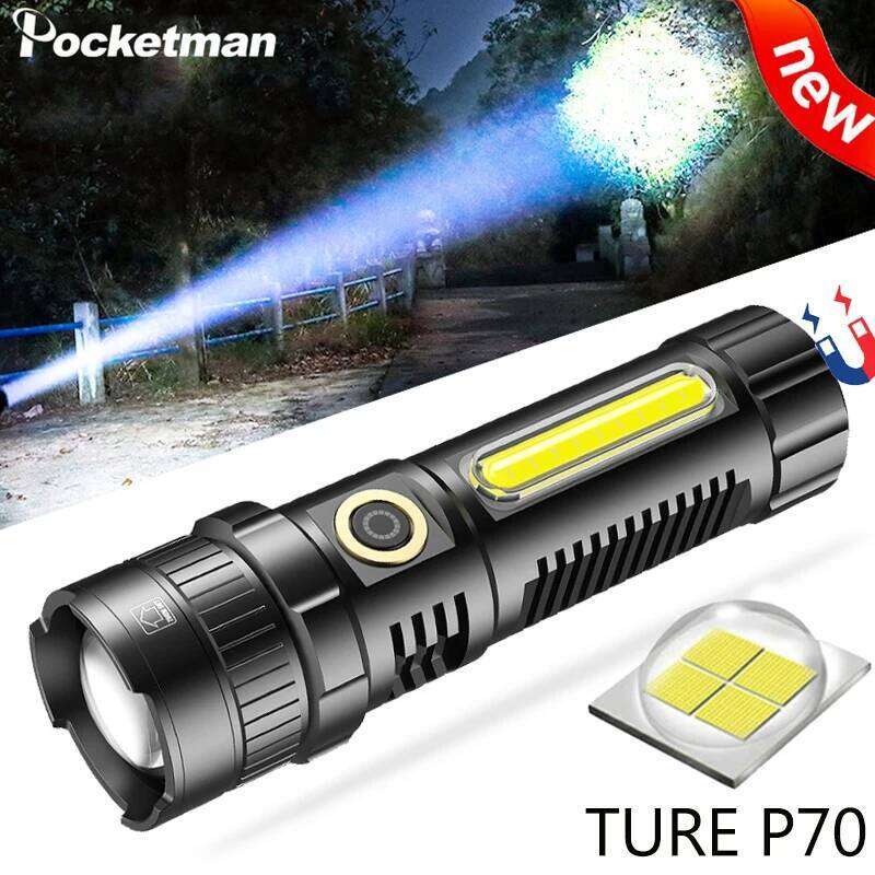 POCKETMAN XHP70 LED Flashlight USB Rechargeable Flashlights Zoomable Waterproof Torch with COB Side Light H260131