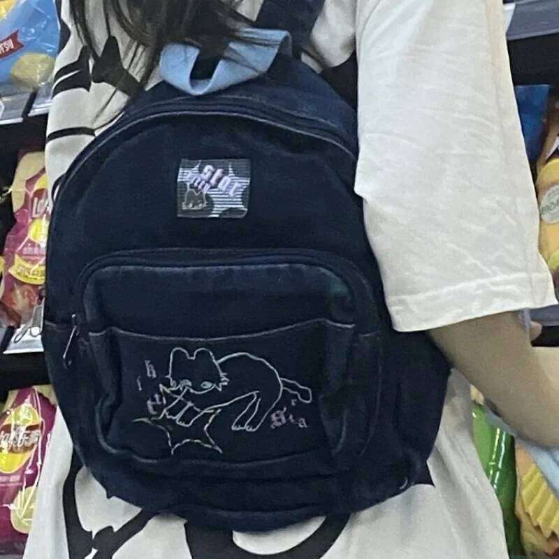 Large Capacity Student Schoolbag Japanese Simple Kawaii Cat Denim Handbag Shoulder Bags Cute Women Backpack 2025 ItaBag