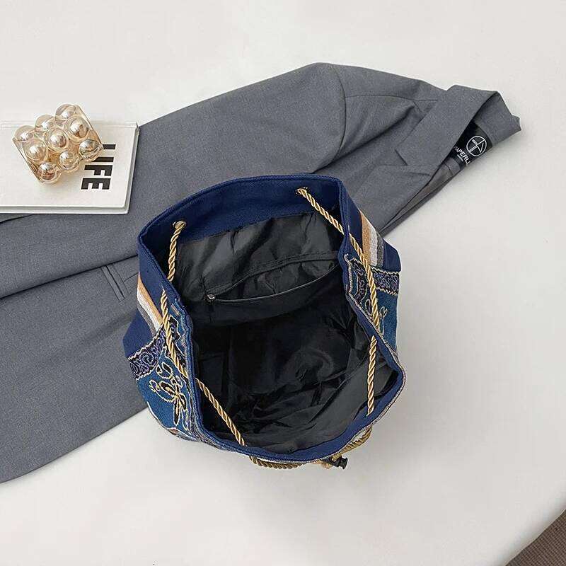 Ethnic style embroidery jacquard canvas women's double shoulder bag with academic style, large capacity, drawstring closure and