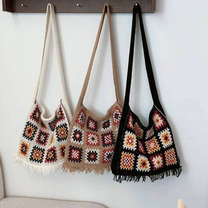 Stylish Tote Large Capacity Space-Saving Women Cut-out Knitted Handbag Casual Crochet Shopping Bag XJ260130