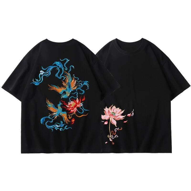 Chinese Style Phoenix Lotus Print Graphic and Women's Short Sleeve T Shirt Men's Sportwear C260131