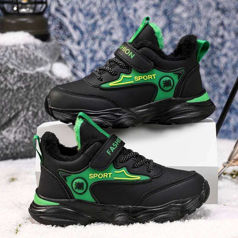 Childrens Sports Fashion Pu Leather Plush Warm Comfortable Walking Casual Winter Outdoor Boys Non Slip Running Shoes Y260128