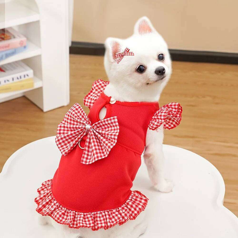 Bow Plaid Puppy Princess Dress Polyester Cute Summer Dog Skirt with Pulling Buckle Solid Color Pet Clothing for Cats Kitten H260130