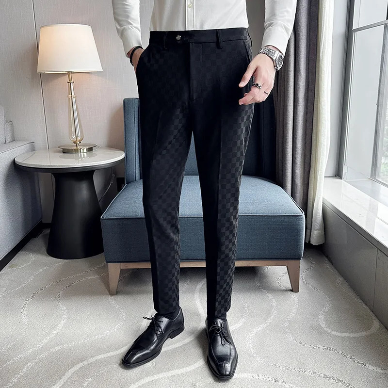 Mens Suit Pants Fashionable Slim Fit Business Social Office Formal Wedding Party Checkered 260120