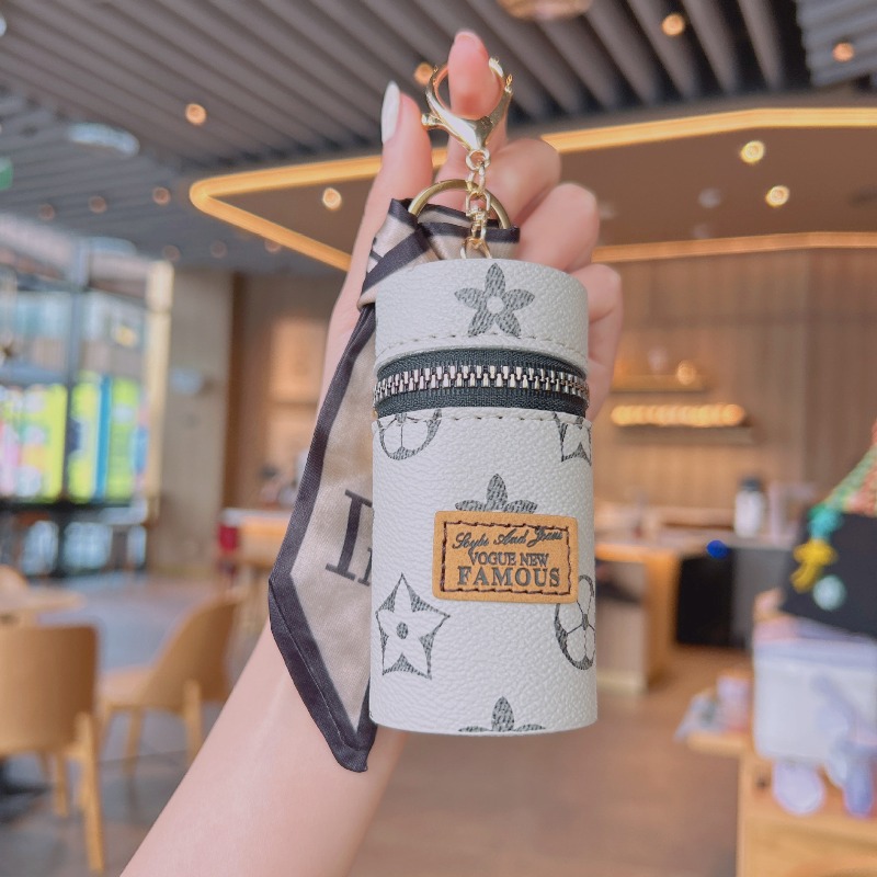 Fashion designer Jewelry Leather Keychain Lipstick Case Classic Print Portable Mini Pouch Bag Charm With Scarf Detail For Women Purse Accessory