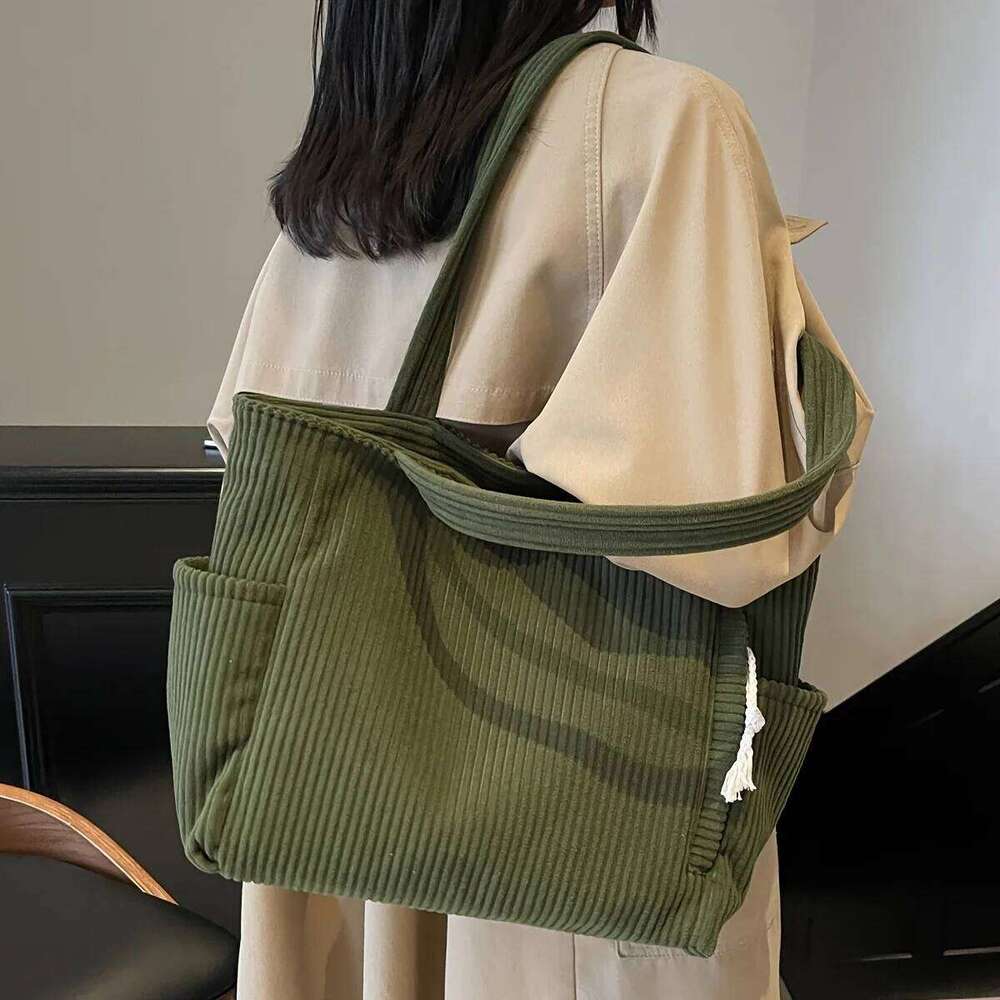 Durable Soft Corduroy Women's Casual Tote Multi-Compartment Zipper Closure Commute Shoulder Bag For Women