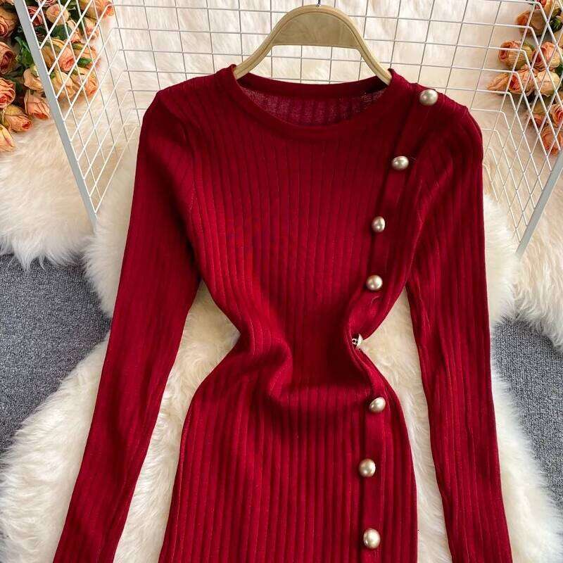 YuooMuoo Brand Fashion Long Sleeve Knitted Mermaid 2025 New Elegant Buttons Rib Sweater Dress Lady Bodycon Party Vestidos XJ260131