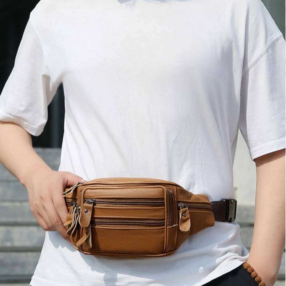Large Capacity Waterproof PU Leather Men's Waist Male Zipper Site Workers Travel Phone Bag Fanny Pack Men