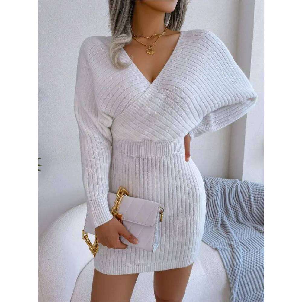 Women Knitted Sexy Cross V-neck Bat Sleeve Hip Pack Dress Autumn Nightclub Female Waist Hugging Short Bottom Sweater Skirt XJ260131