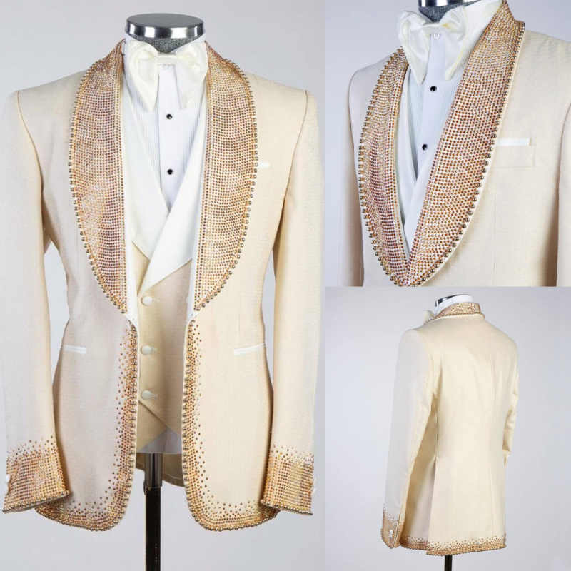 Sparkling Beaded Men Wedding Tuxedos 2 Pieces One Button Shawl Lapel Pant Sets Loose Fit Formal Party Customized