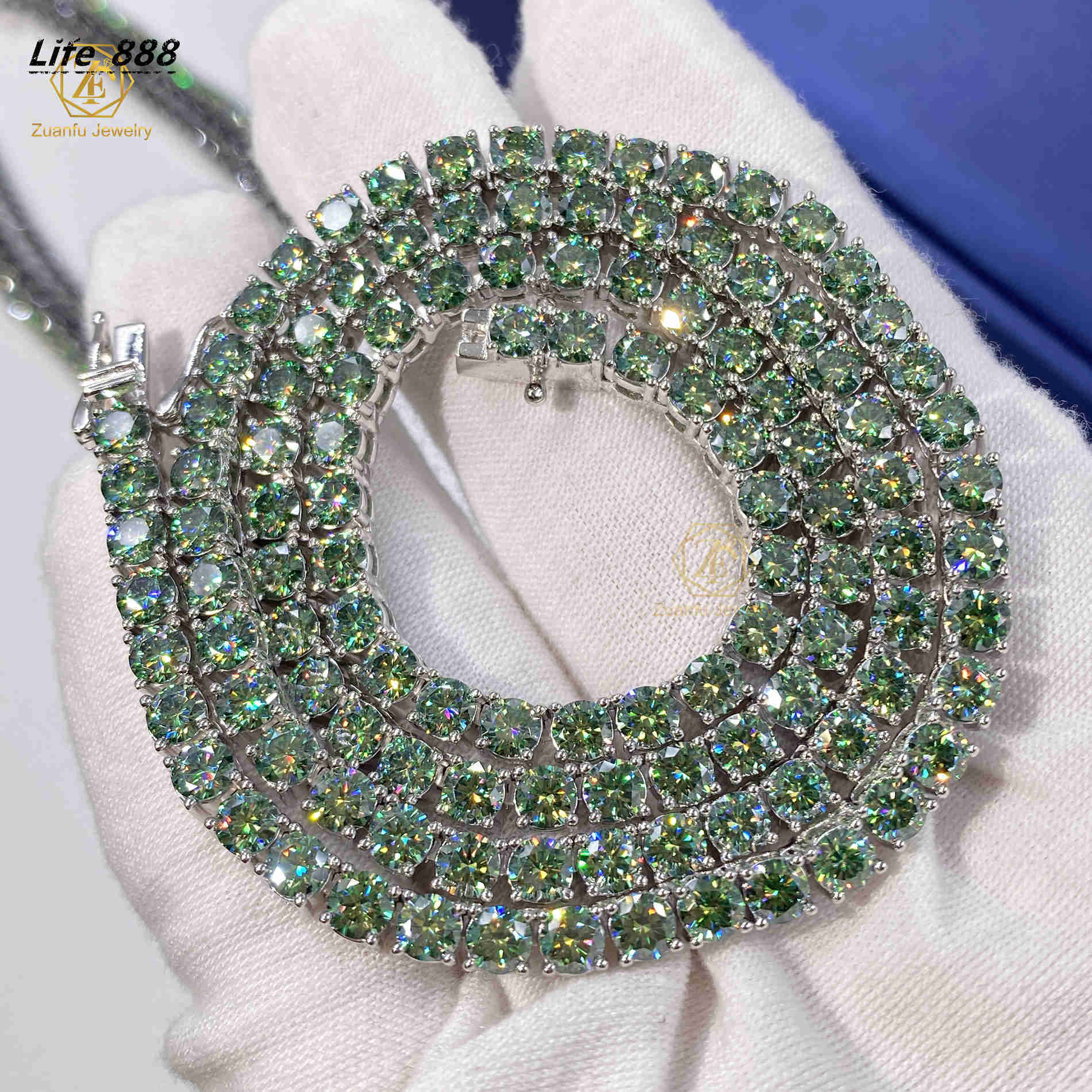 New Trendy Blue Green Tennis Link Chain 3mm 4mm 5mm Vvs Moissanite Diamond 925 Silver Ice Out Tennis Chain Necklace