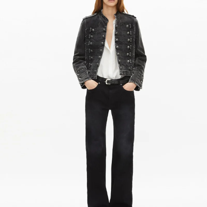 Fashion Punk Denim Jacket Multiple buttons O Neck Long Sleeve Stand Collar Solid Short Jean Outwears 2025 Autumn Lady StreetWear 260120