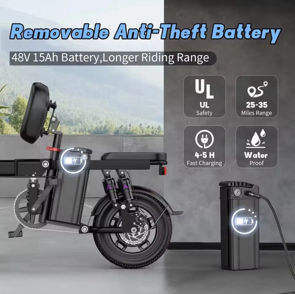 GS5 14 inch Folding Electric Bike for Adults 740W PEAK 48V/15AH 20MPH City Commuter E-bike Lightweight Bicycle