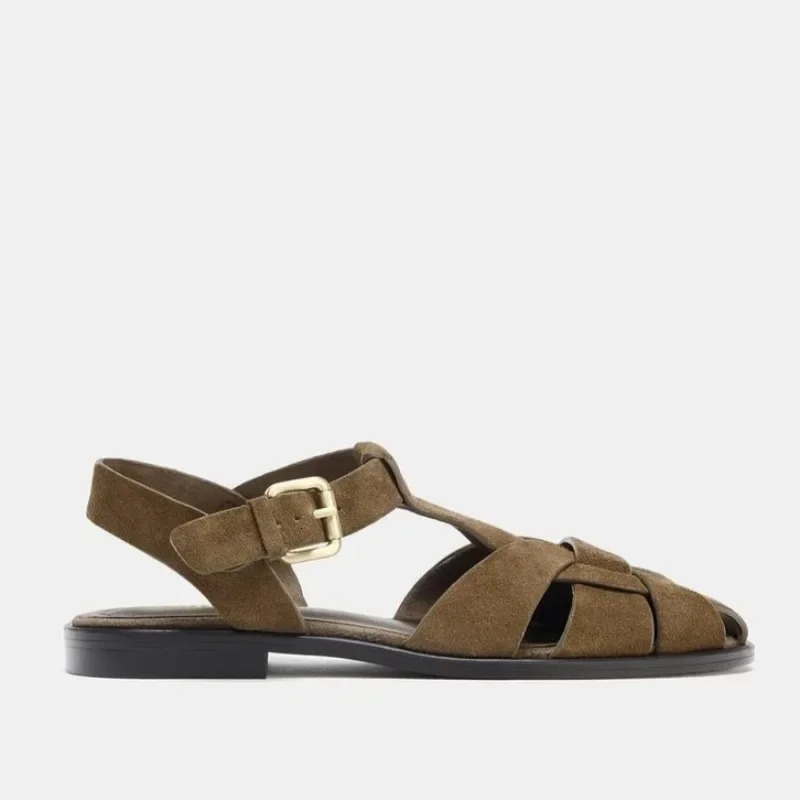 Suede Weavev Sandal Retro Metal Buckle Gladiator Shoes Hollow Fashion Flat Beach Female Zapatos De Mujer 260126