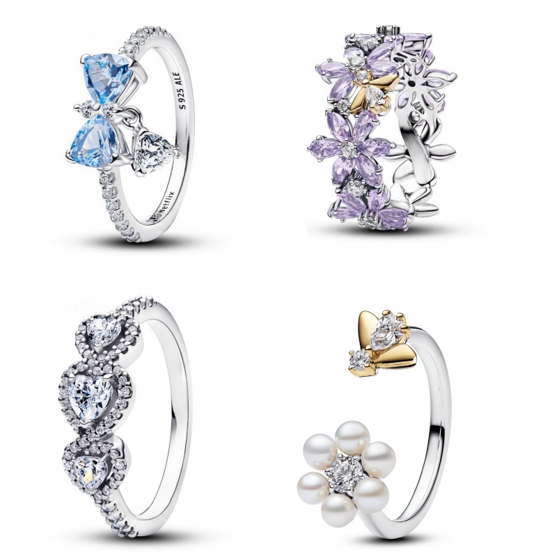 Luxury newest purple ice flower crystal ring for women girls lovely love heart designer sparkling crystal rings blue bowknot party wedding jewelry gift