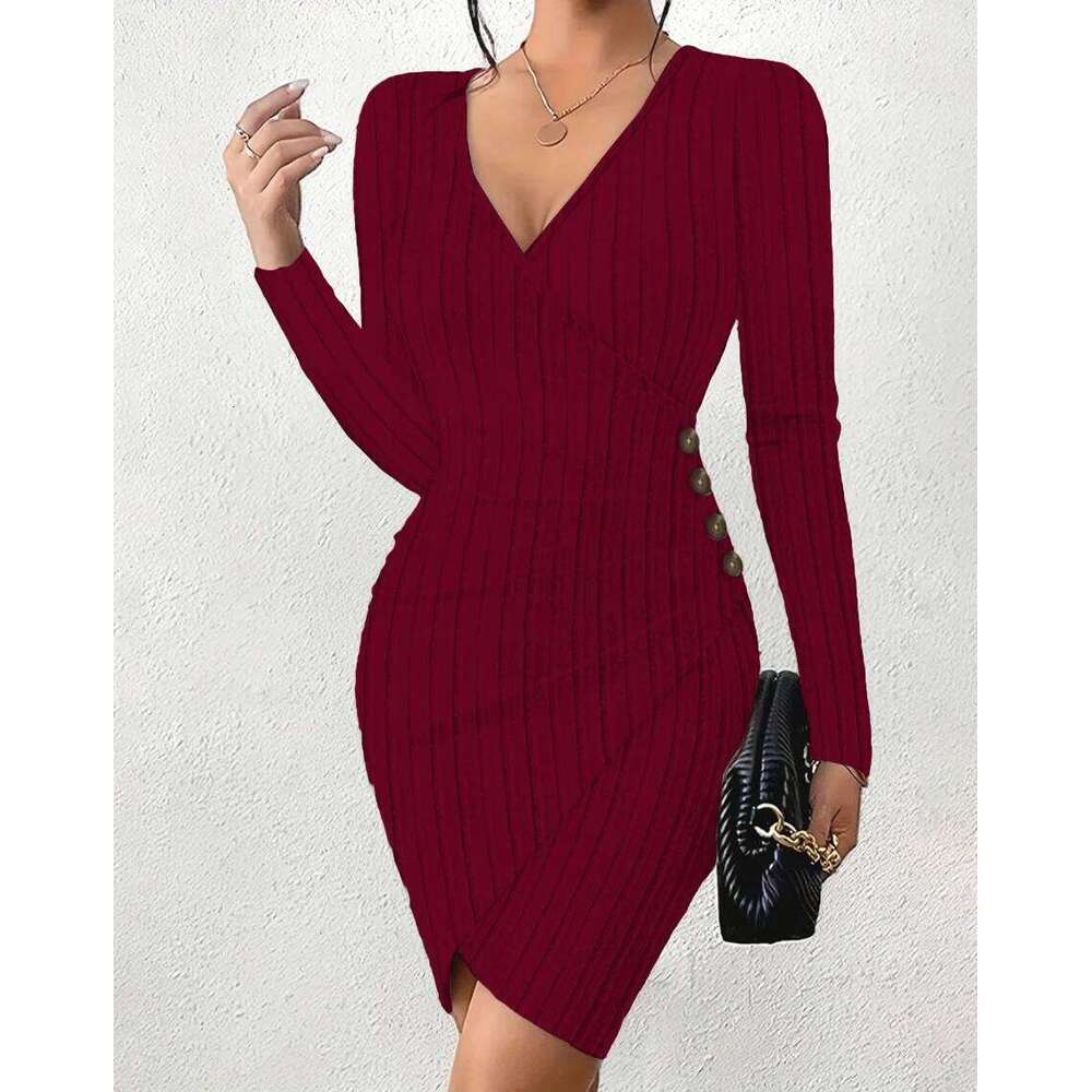 Women's V-Neck Long Sleeve Bodycon - Ribbed Knit Mini Dress with Button Detail Sexy Wrap Style for Party & Night Out XJ260131