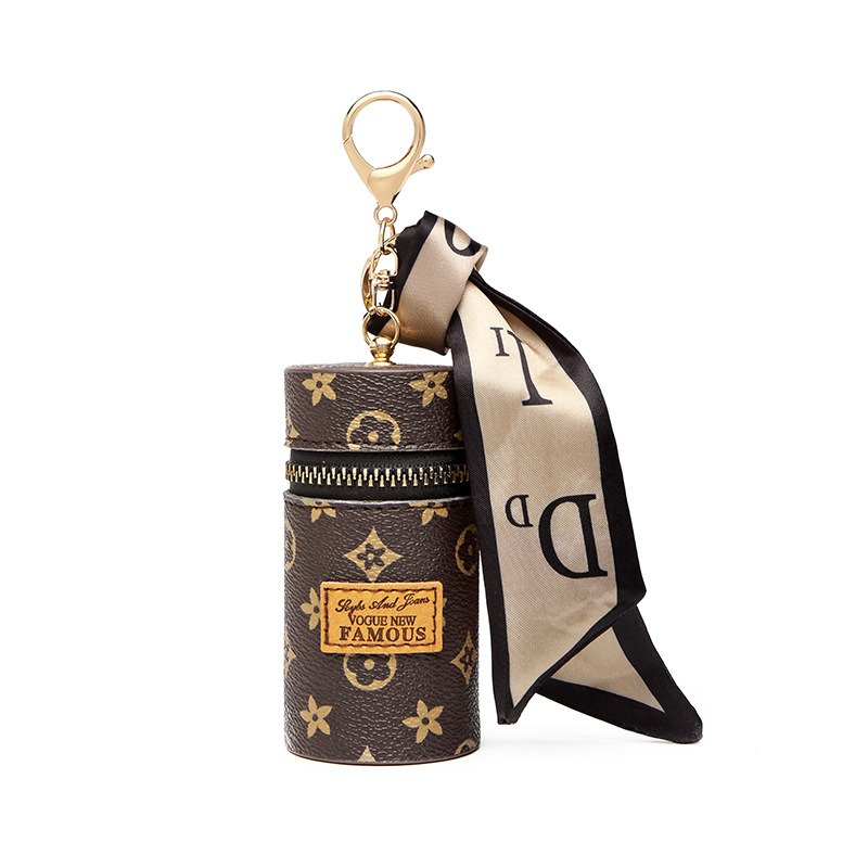 Fashion designer Jewelry Leather Keychain Lipstick Case Classic Print Portable Mini Pouch Bag Charm With Scarf Detail For Women Purse Accessory