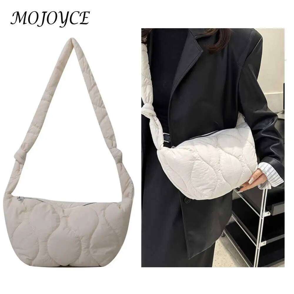 Female Puffer Shoulder Bag Trendy Soft Down Cotton Padded Tote Handbag with Zipper Solid Color Lightweight for Autumn and Winter XJ260131