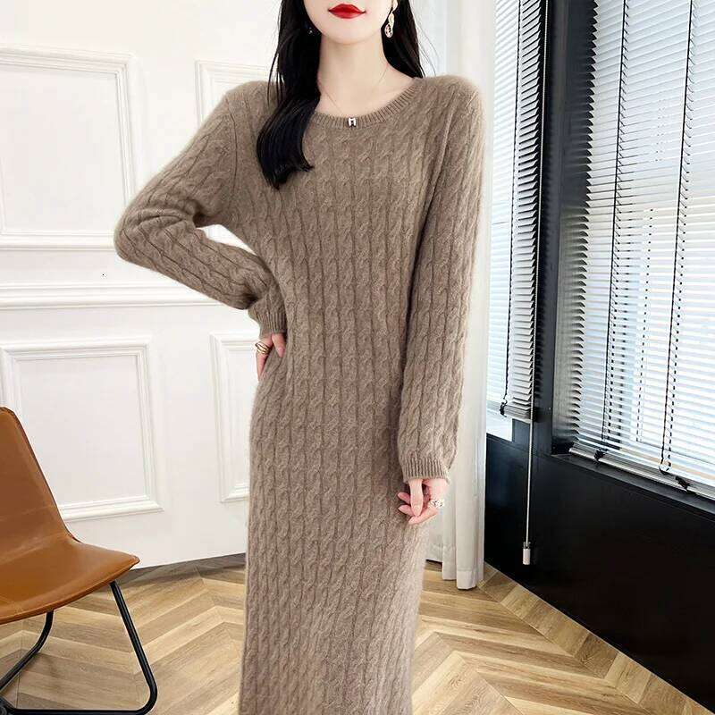 Autumn And Winter New 100% Wool Dress Women's Round Neck Long Twist Loose Knee Cashmere Skirt XJ260131