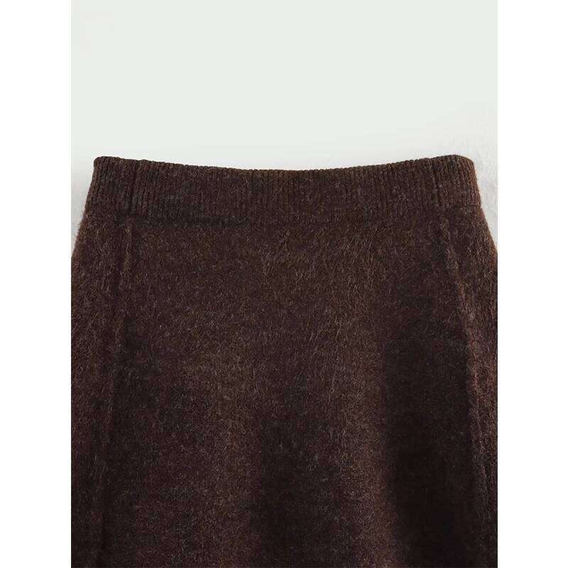 YENKYE 2025 Women Brown Side Seams Knit Mini Skirt Vintage High Waist A-line Elegant Skirts faldas mujer XJ260131