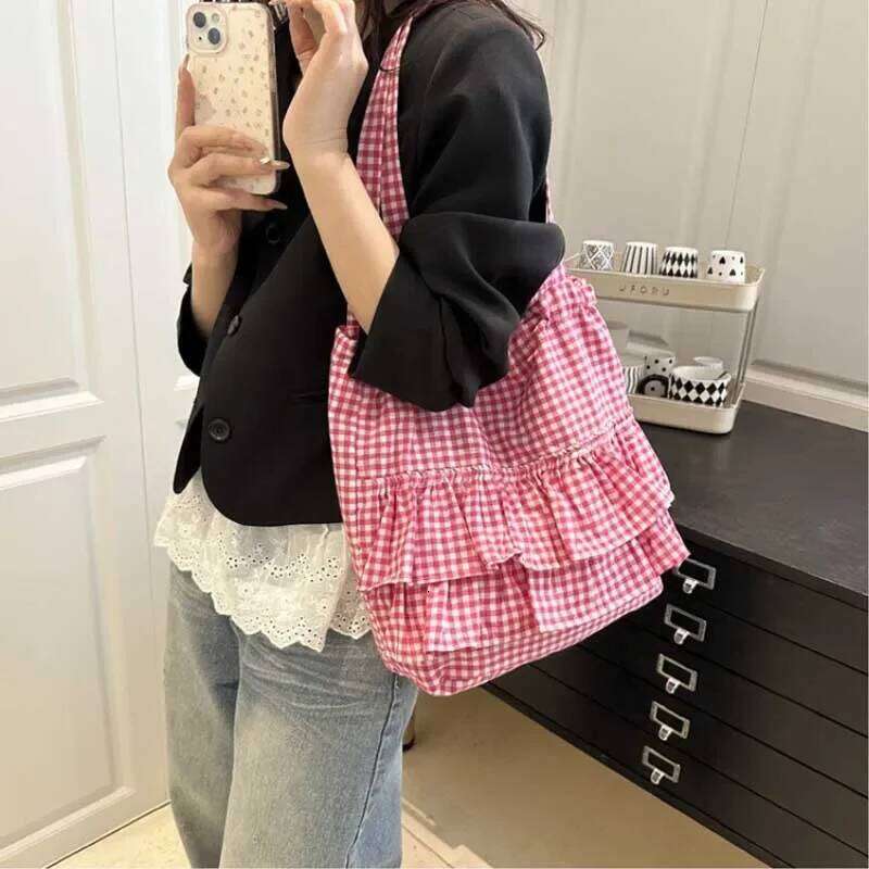 Large Capaci Cute Plaid Cotton Tote Bag Lace Trim Women's Summer 2025 Simple Lady Handbag Soft Shoulder Bags Bolsa Feminina