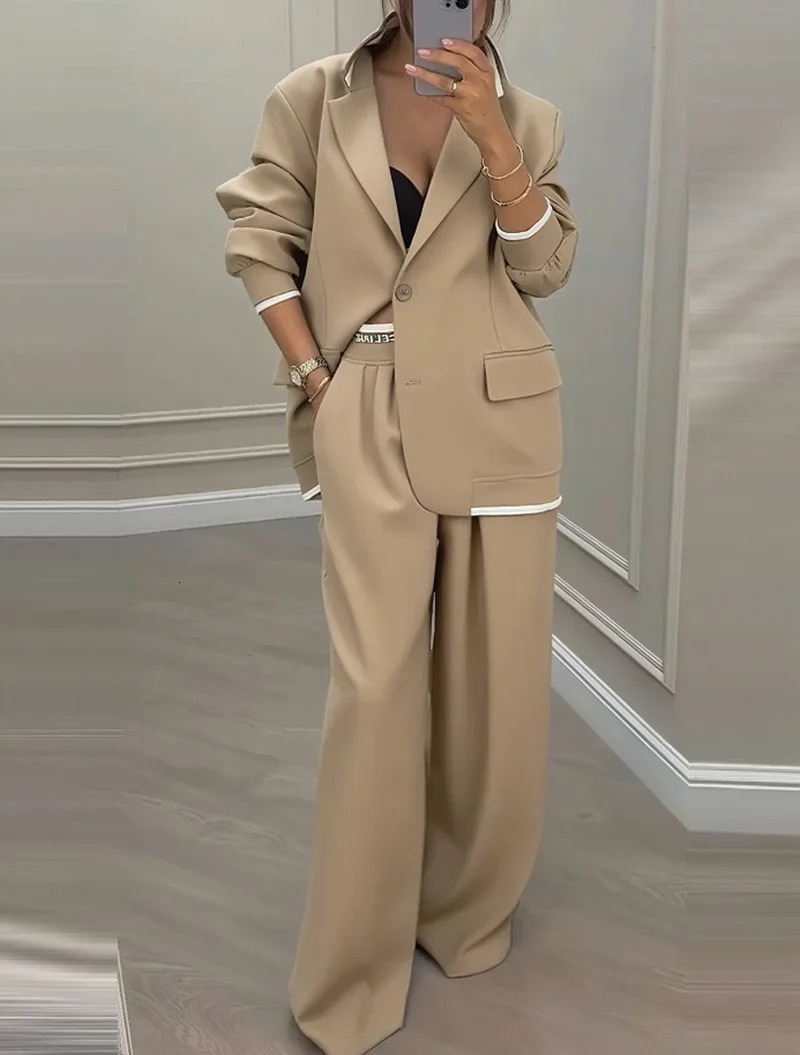 Temperament Womens Pants Suit Loose Solid Color Autumn Winter Commuting Long-sleeved Lapel Top Wide-leg Trousers Two-piece Set 260122