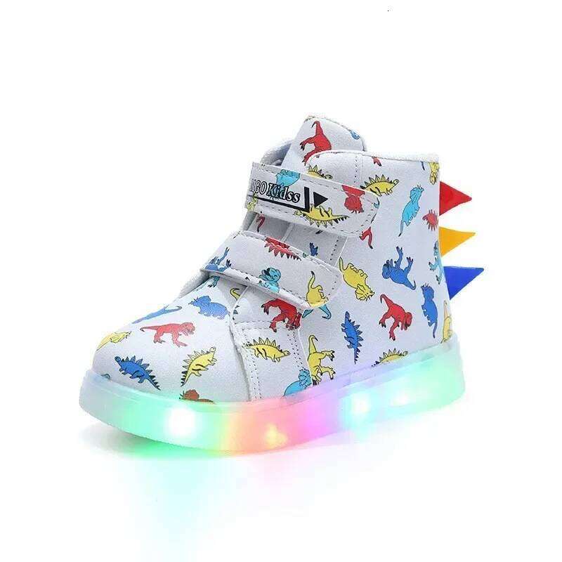 Children's High Top Sneakers 2024 New LED Lighted PU Kids Fashion Dinosaur Print Boys Casual Luminous Board Shoes Y260128