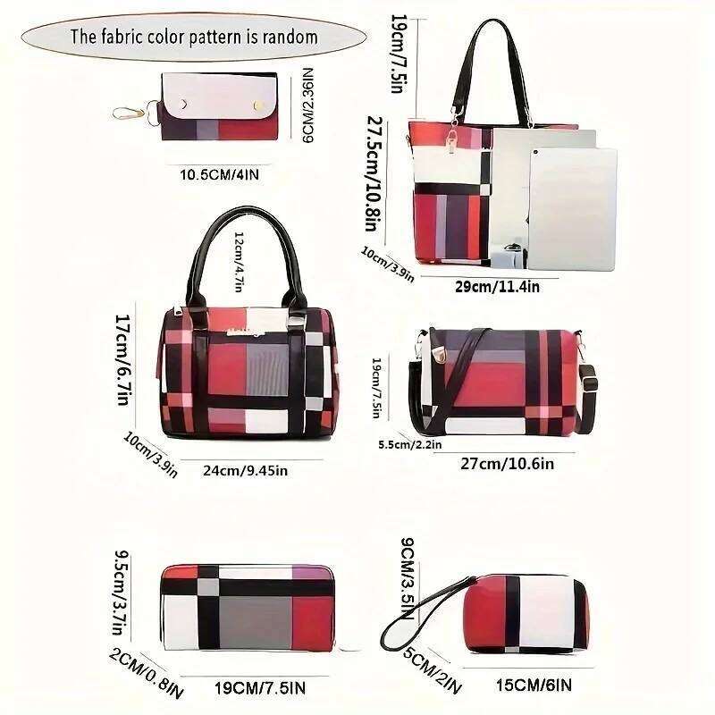6pcs/set Large Capacity Shoulder Bag with Checkered Pattern and Multiple Functions Handbag, Crossbody Clutch Bag, Wallet