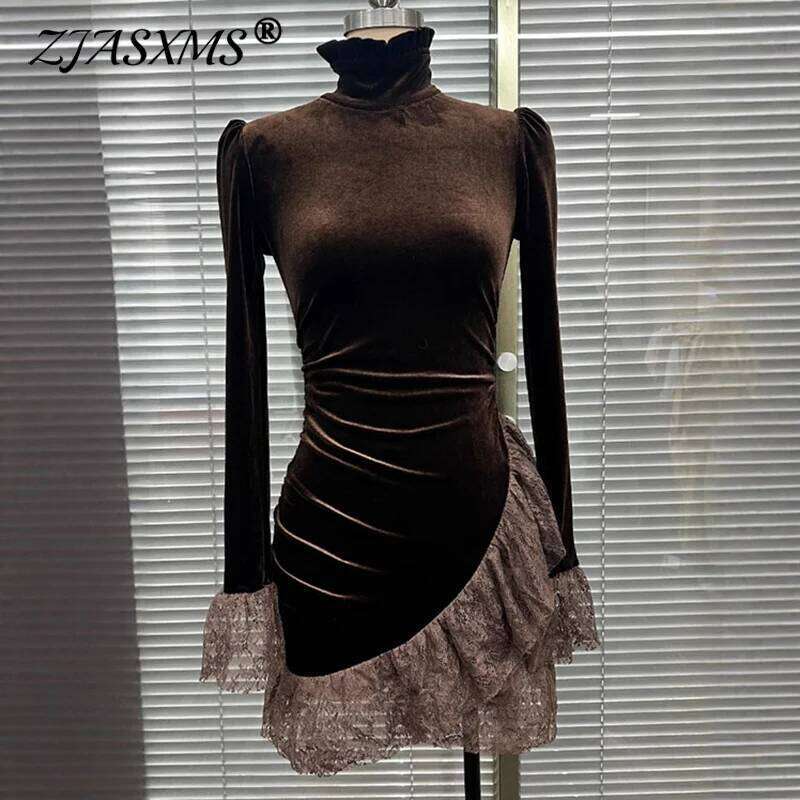 Elegant Turtleneck Solid Velvet Evening Woman Sexy Patchwork Lace Slim Mini Autumn Flare Long Sleeve Lady Hips Dress