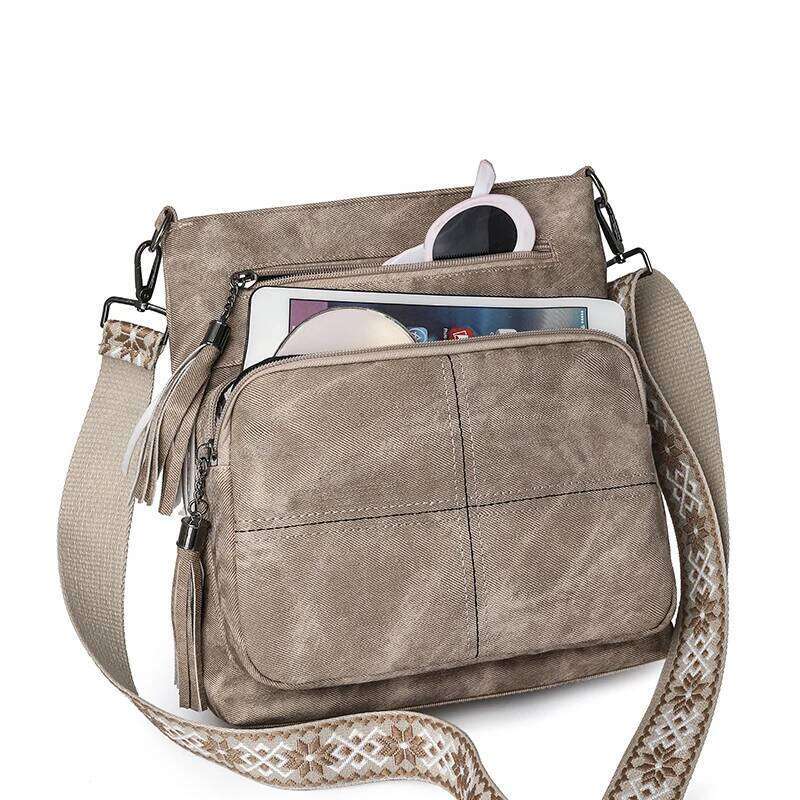 Retro denim PU single-shoulder - Large capacity, fashionable fringed women's crossbody bag with multiple pockets, suitable f