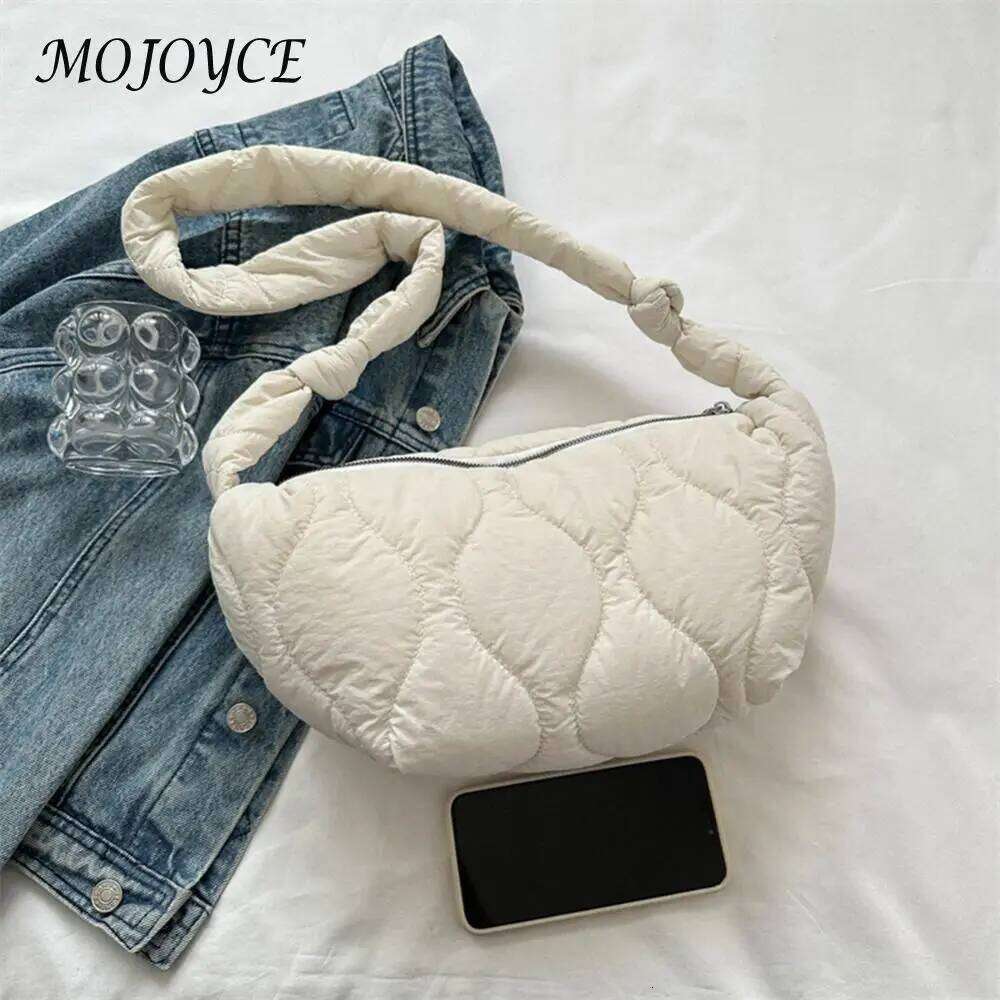 Female Puffer Shoulder Bag Trendy Soft Down Cotton Padded Tote Handbag with Zipper Solid Color Lightweight for Autumn and Winter XJ260131