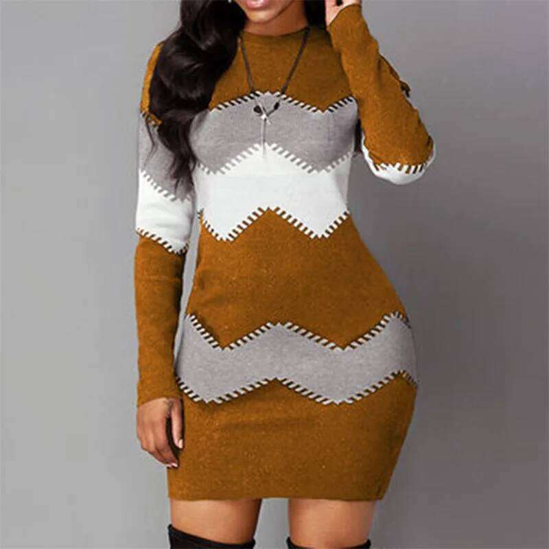 Women Elegant Patchwork Long Sleeve Warm 2022 Autumn Winter Rib Knit Sweater Dress Casual Turtleneck Pullover Mini Dresses XJ260131