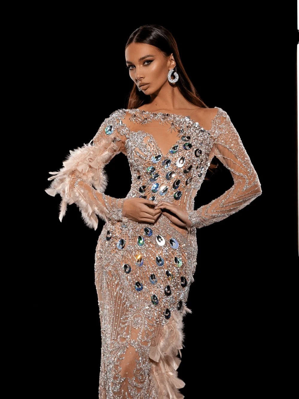 Sparkly Feather Evening Dresses O Neck Sequins Prom Gown Long Sleeves Princess Illusion Mermaid Customized Vestidos De Noche Plus Size