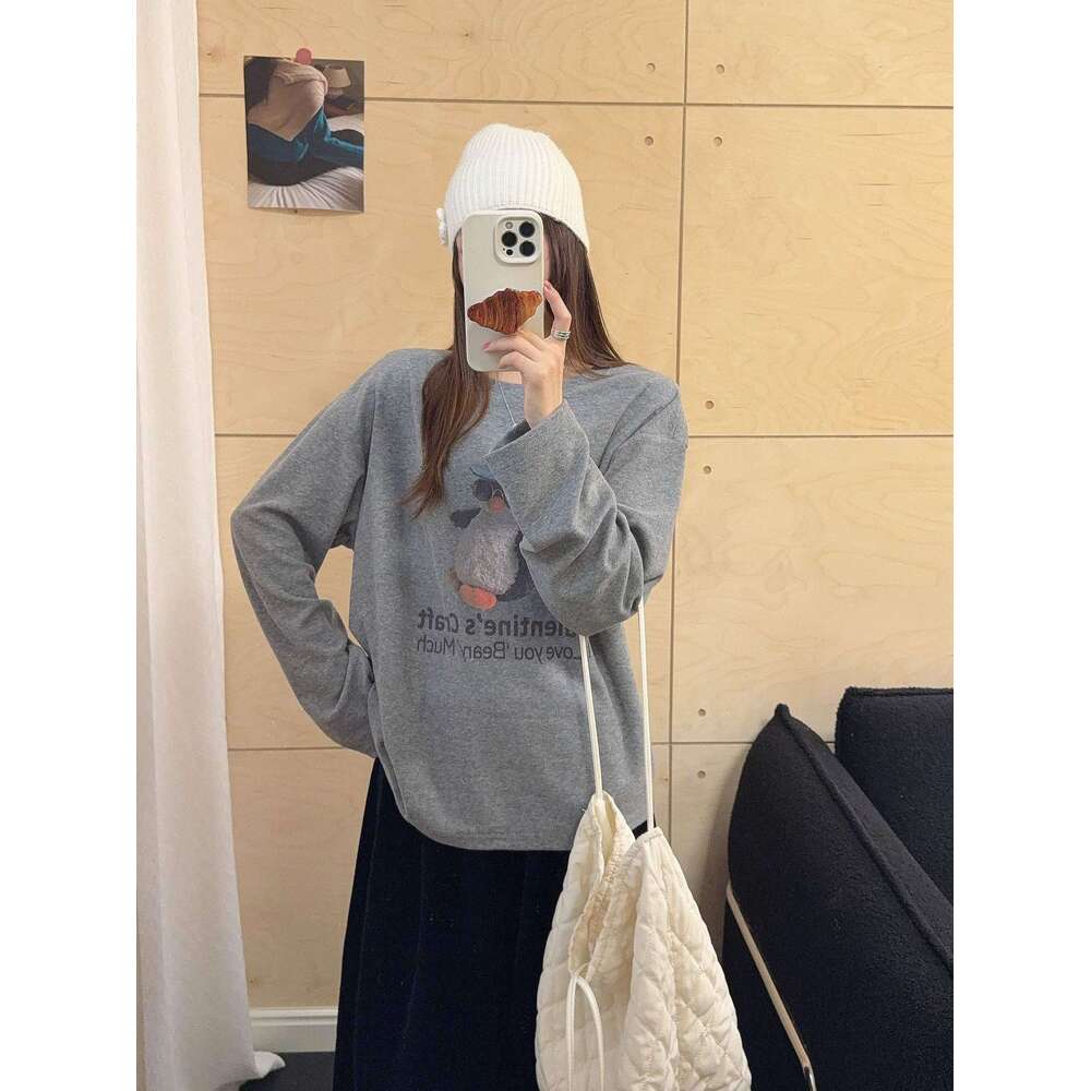 South Korea Dongdaemun Cashmere Texture Blue Hat Penguin Print Lazy Style T-Shirt For Women Autumn Winter New Long Sleeve Top