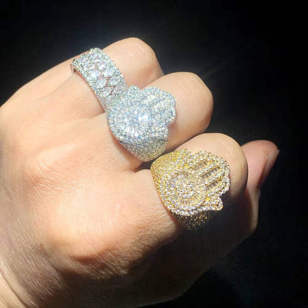 2026 Micro Paved vvs moissaniteia vvs moissanite Lucky Turkish Hamsa Hand Shaped Hip Hop Men Finger Rings