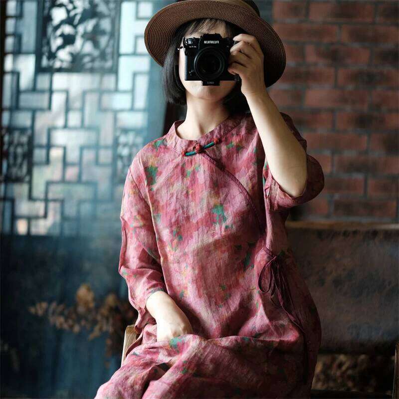 Chinese Style Women Linen Casual Dress New Spring Vintage Mandarin Collar Floral Print Loose Female Long Dresses M1061