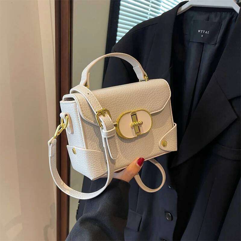 Premium French Stone Pattern Women's Shoulder Fashion Hundred Lock Small Square Bag Retro Sweet Solid Color Girl Crossbody B