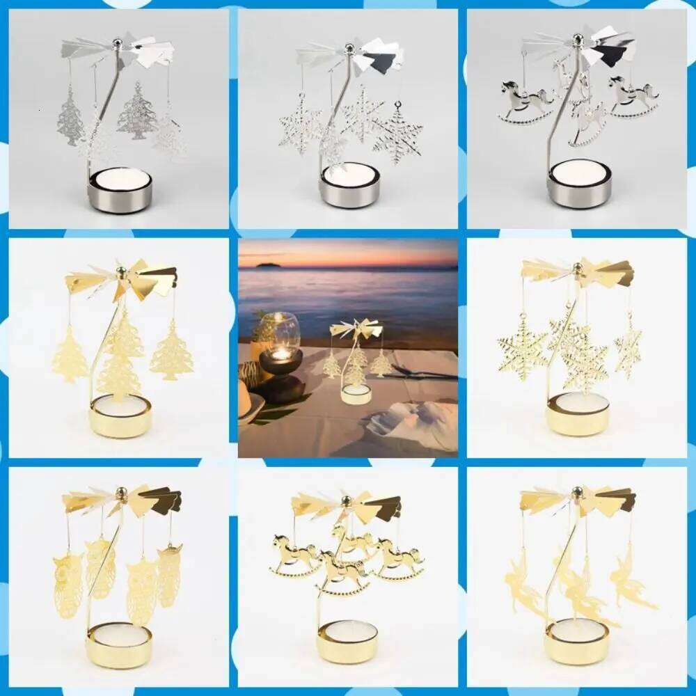 Metal Tea Light Gold Silver Hollow Christmas Rotating Candle Holder Angel Carousel Pattern Y260131