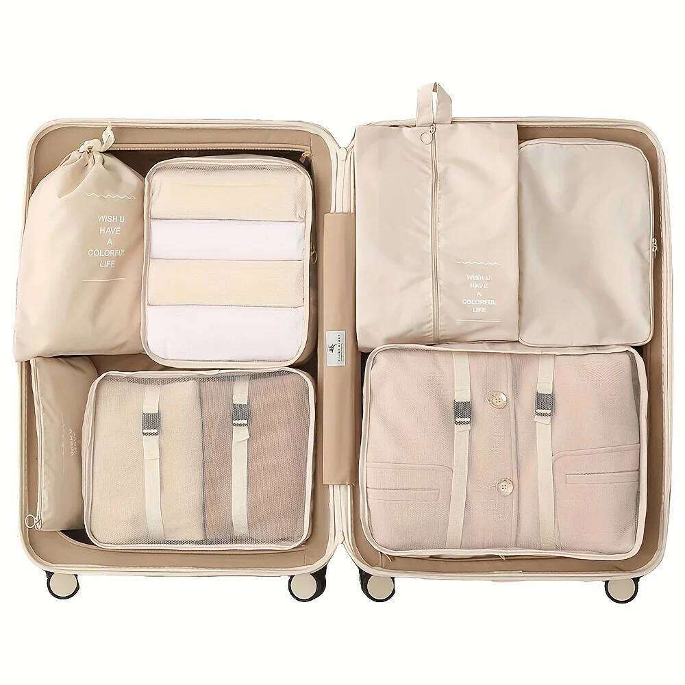 7pcs Large Capacity Travel Organizer Set, Nylon Packing Cubes With Storage Pouch Vacation Style, Portable Luggage Bags