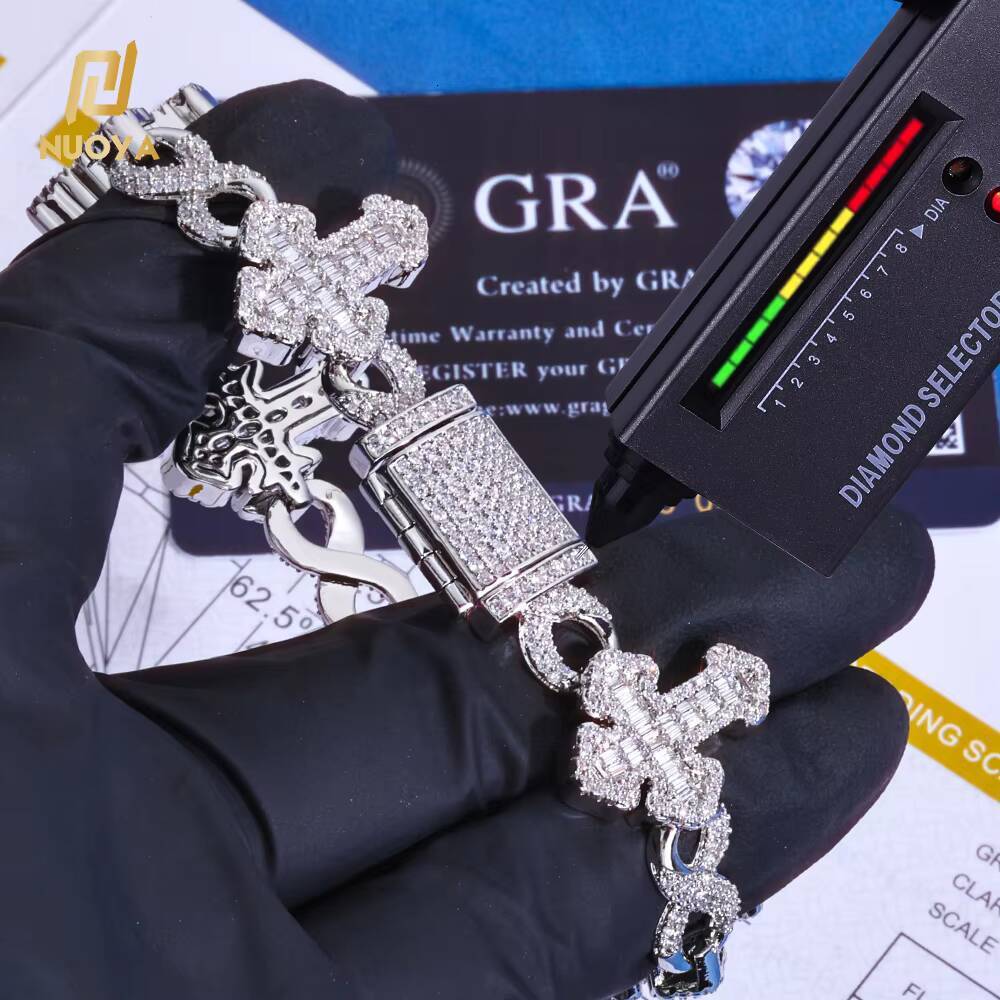 NUOYA Hip Hop Bracelet 15MM Cuban Chain 925 Silver Iced Out Baguette VVS Moissanite Cross 8 Symbol Infinity Fine Jewelry