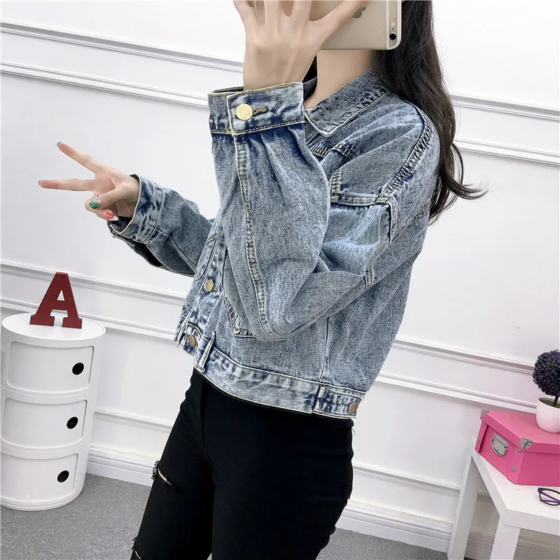 Jean Jacket for Women Spring Autumn Korean Bat Sleeved Short Top Loose BF Style Student Fashion Turndown Collar Denim Coat 260120