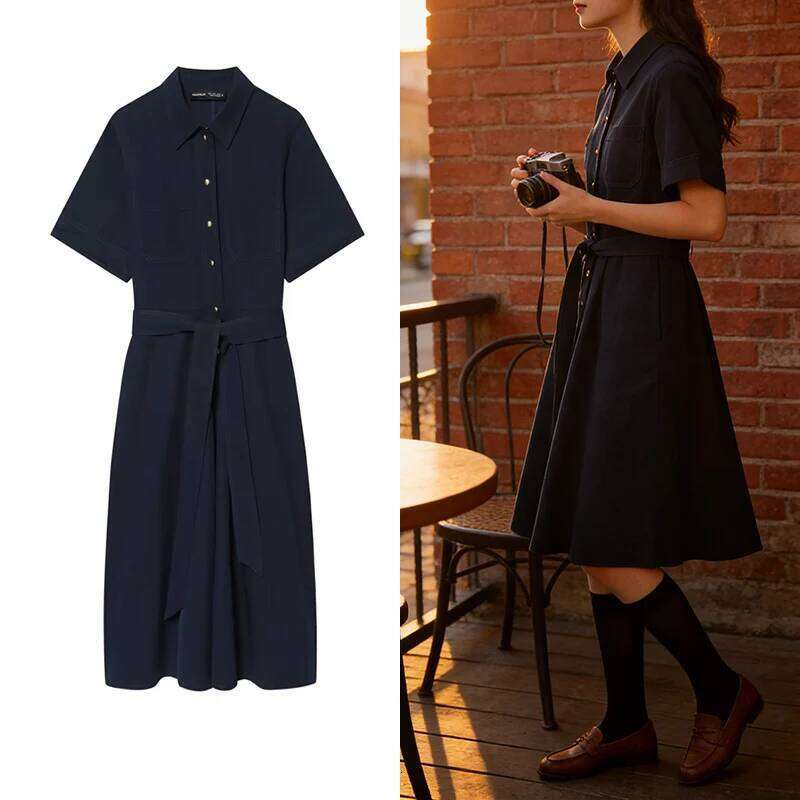 Women's Short-Sleeve Formal Navy Blue Belted Mid-Length Dress, Suitable for Office, Business, and Casual Events XJ260131