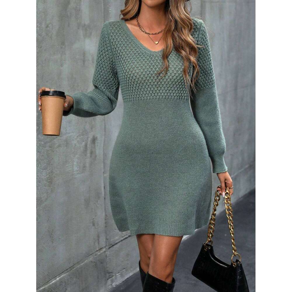 Plain Bishop V Neck Sweater Dress, Elegant Long Sleeve A Line Knit Dress for Spring & Fall, Women's Knitwear XJ260131