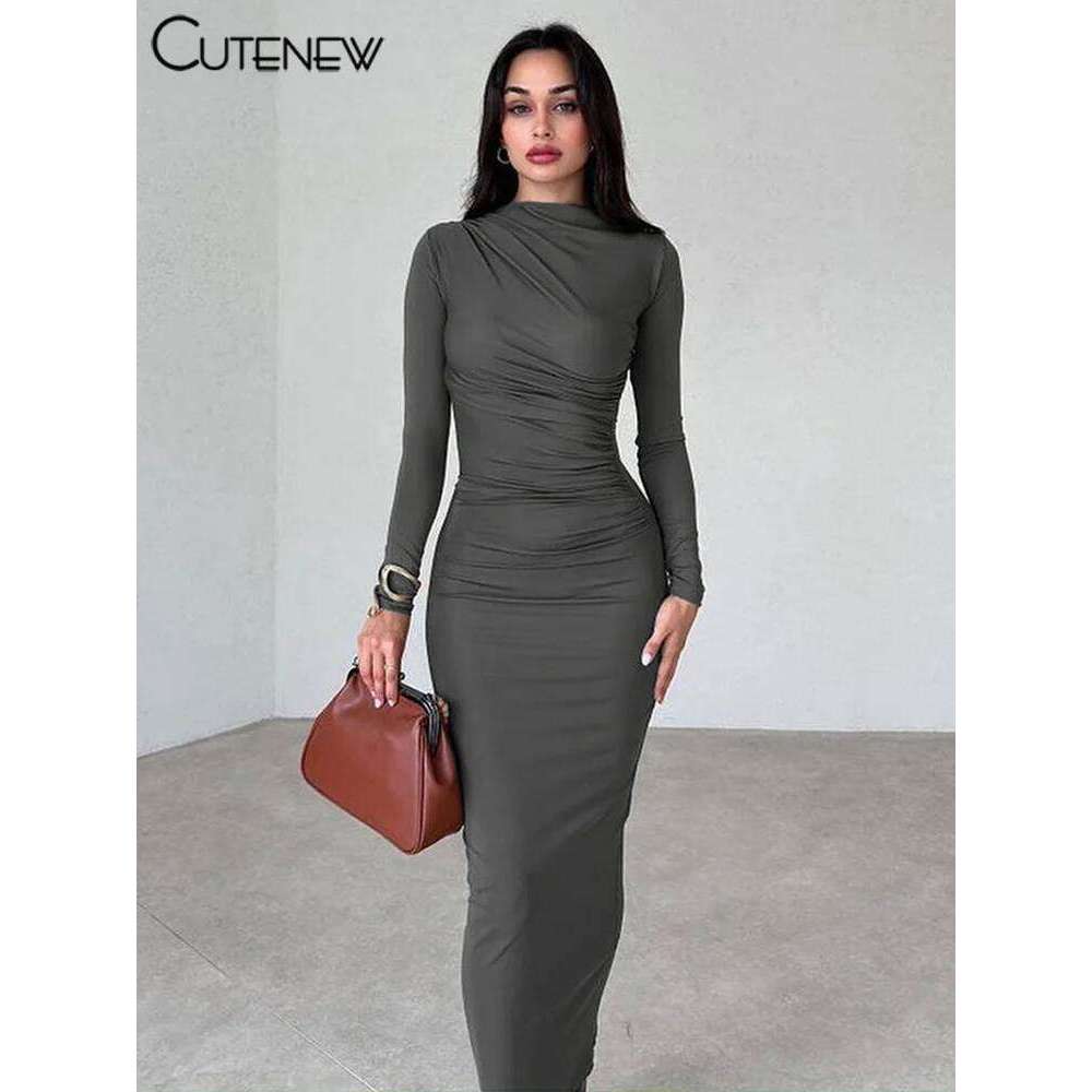 NIBBER Women's Elegant Solid O-neck Patchwork Maxi Dress Full Long Sleeves Body-shaping Robe Lady Evening Attirewear Vestidos XJ260131