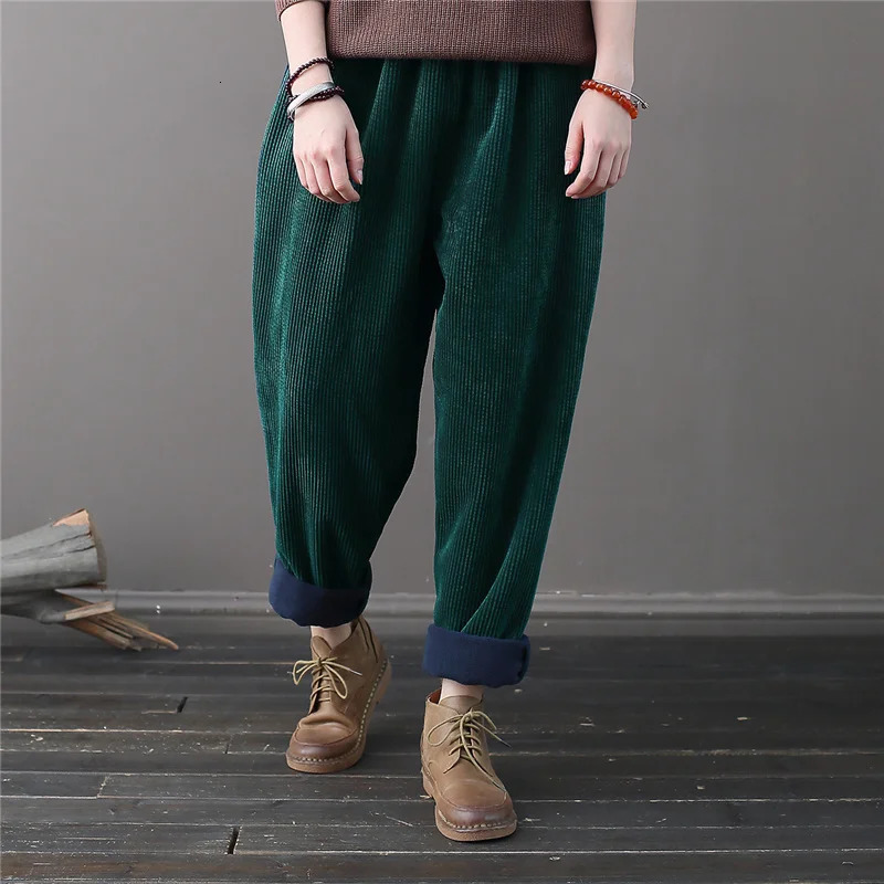 Johnature Corduroy Vintage Pants Solid Color Elastic Waist Trouser 2025 Winter Thick Warm Pockets Fleece Women Harem 260120