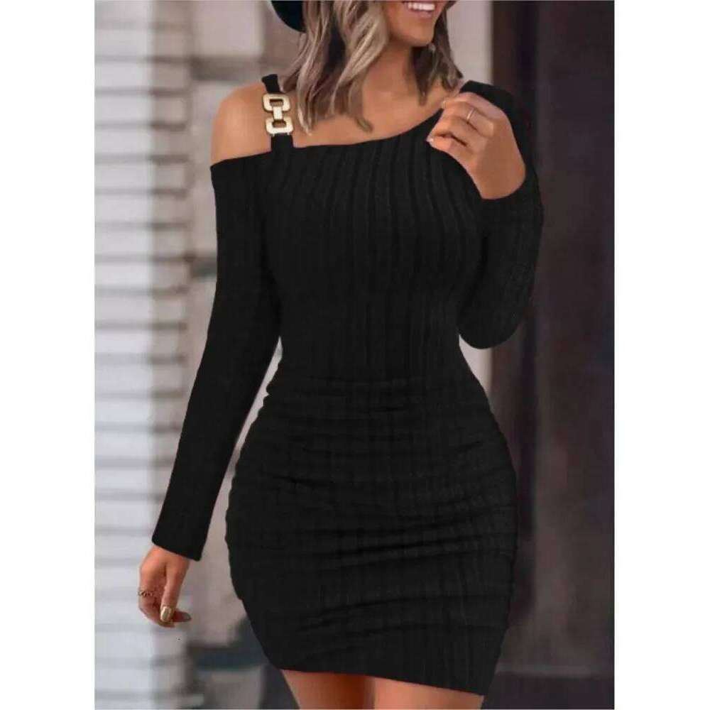 Autumn Winter New Solid Button Oblique Off Shoulder Tight Wrap Hip Slim Sexy Long Sleeve Mini Dress Women Clothing XJ260131